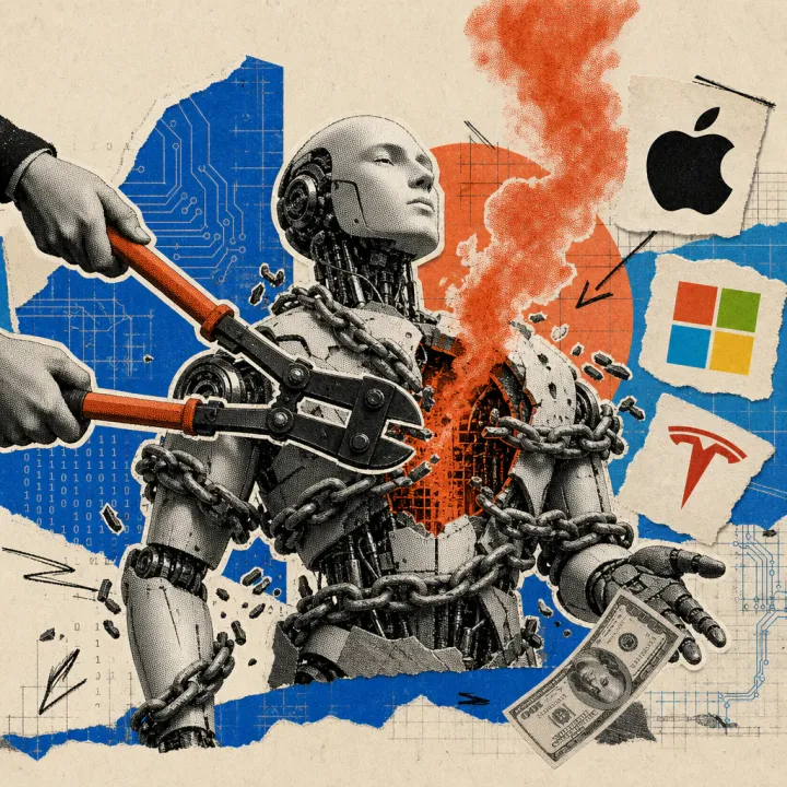 Bolt cutters sever the chains of a humanoid robot, red-hot smoke rising from its opening chest as a dollar bill falls from its hand.