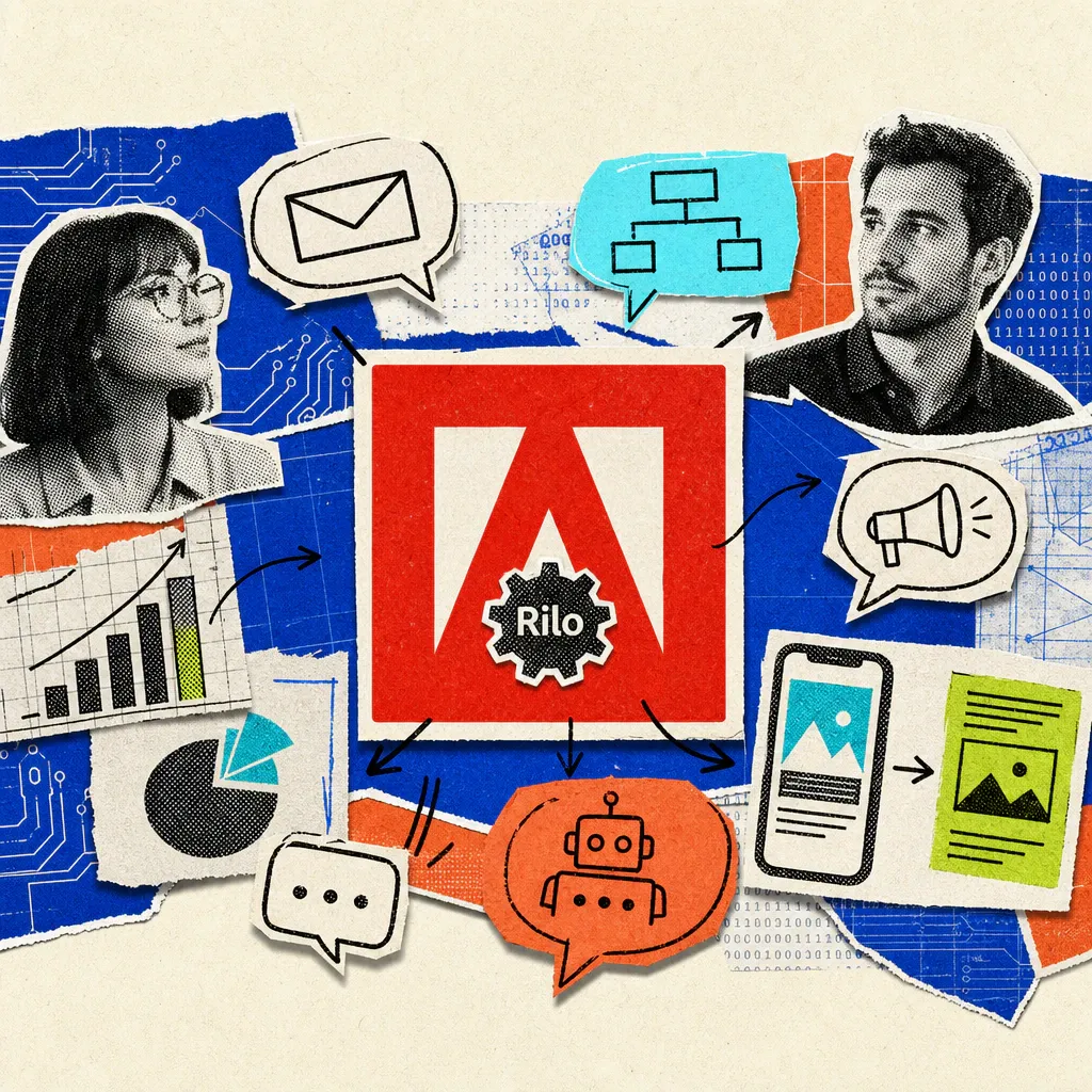The Adobe logo integrates a small gear symbol labeled Rilo, surrounded by arrows and speech bubbles representing automated marketing workflows.
