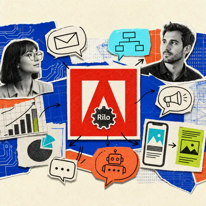The Adobe logo integrates a small gear symbol labeled Rilo, surrounded by arrows and speech bubbles representing automated marketing workflows.