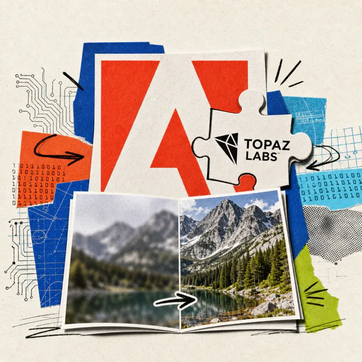 Das Topaz-Labs-Logo fügt sich wie ein Puzzleteil in das Adobe-Logo, davor ein Foto, dessen linke Hälfte unscharf und dessen rechte Hälfte gestochen scharf ist.