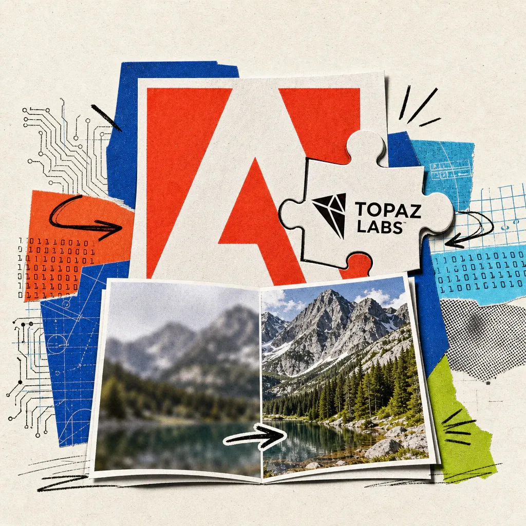 Das Topaz-Labs-Logo fügt sich wie ein Puzzleteil in das Adobe-Logo, davor ein Foto, dessen linke Hälfte unscharf und dessen rechte Hälfte gestochen scharf ist.