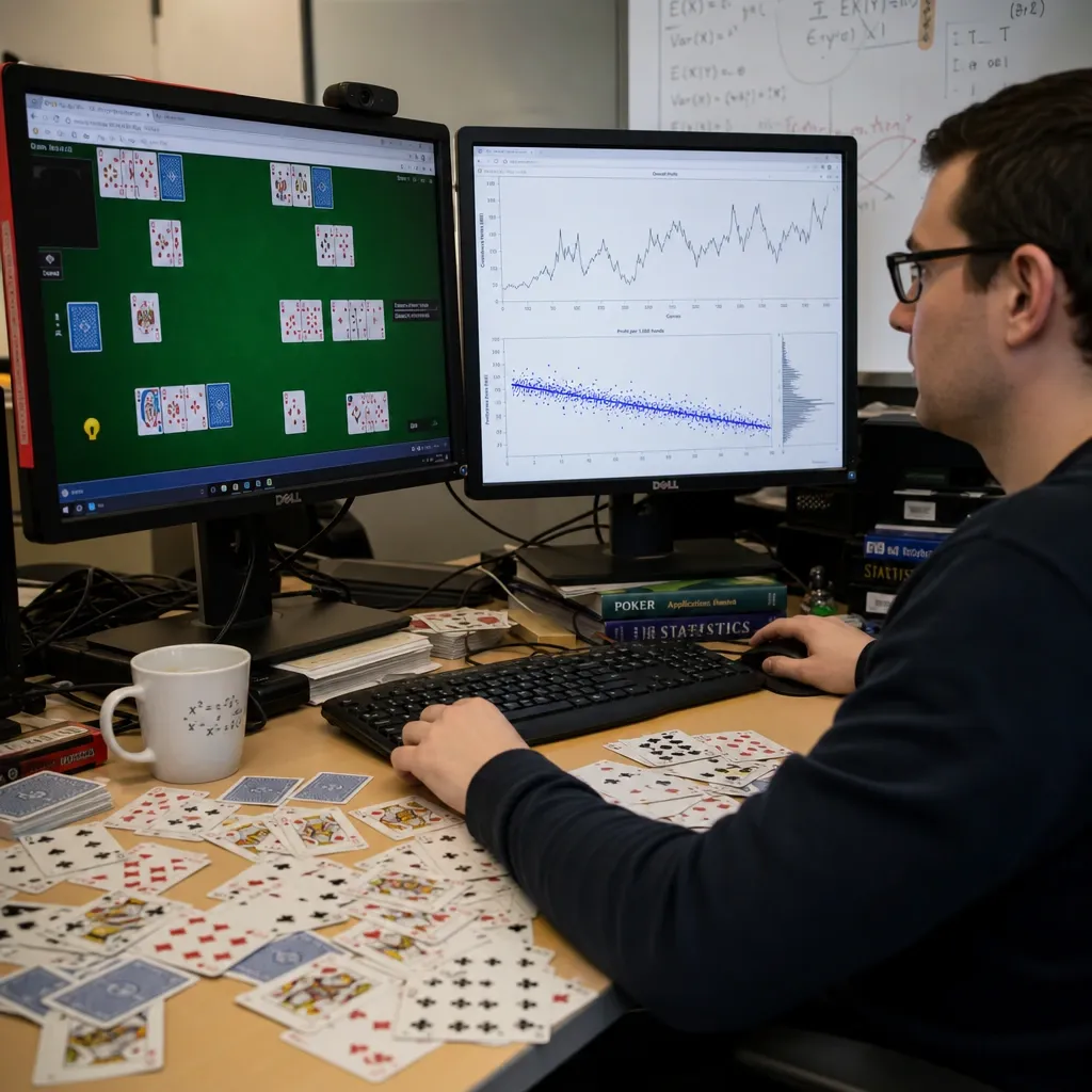 Workstation with two monitors showing a digital card game and rising win-rate charts, playing cards scattered on the desk.