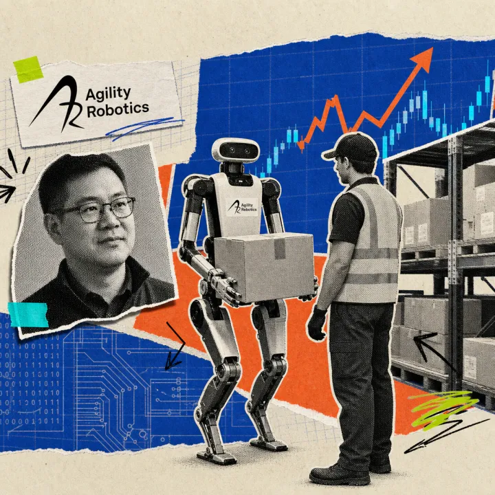 A humanoid robot in the Digit design lifts a box next to a warehouse worker with no safety fence between them; a rising stock chart is visible in the background.