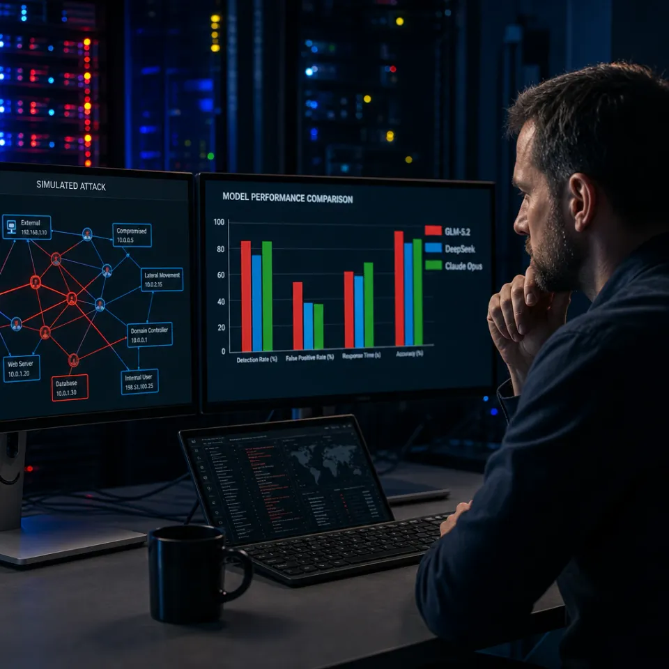 A security analyst in front of monitors with network attack simulation and comparison charts of the AI models GLM-5.2, DeepSeek, and Claude Opus in a security operations center at night.