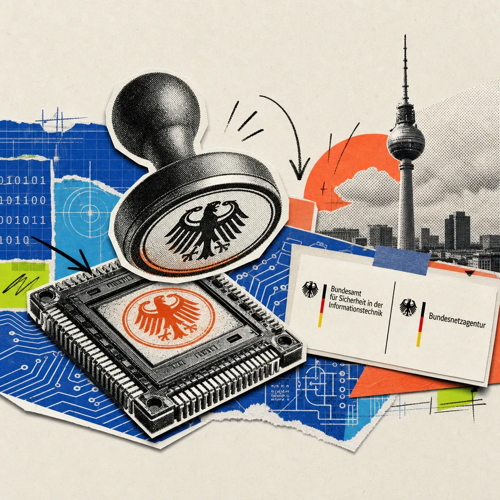 A stamp bearing the federal eagle presses a seal onto a computer chip, next to a door sign showing the logos of BSI and the Federal Network Agency, with Berlin's TV tower in the background