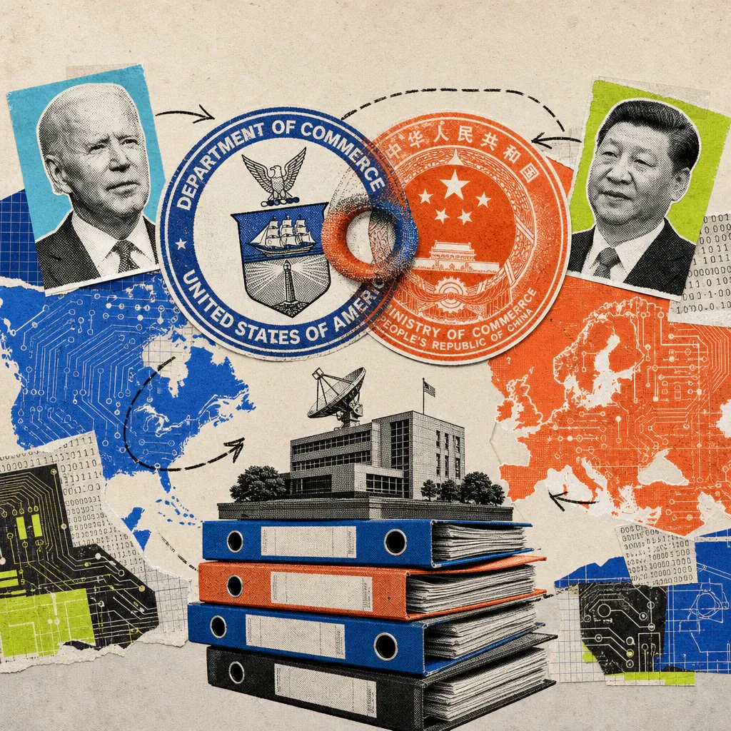 Two interlocking official seal stamps merge over a stylized map outline connecting Europe and North America, with a small research building on a base of stacked file folders in front