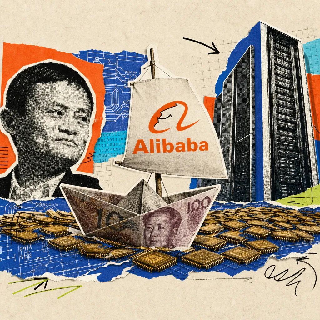 Ein aus einer Banknote gefaltetes Papierschiff mit dem Alibaba-Logo als Segel treibt auf einem Meer aus Mikrochips auf einen Rechenzentrums-Turm zu.