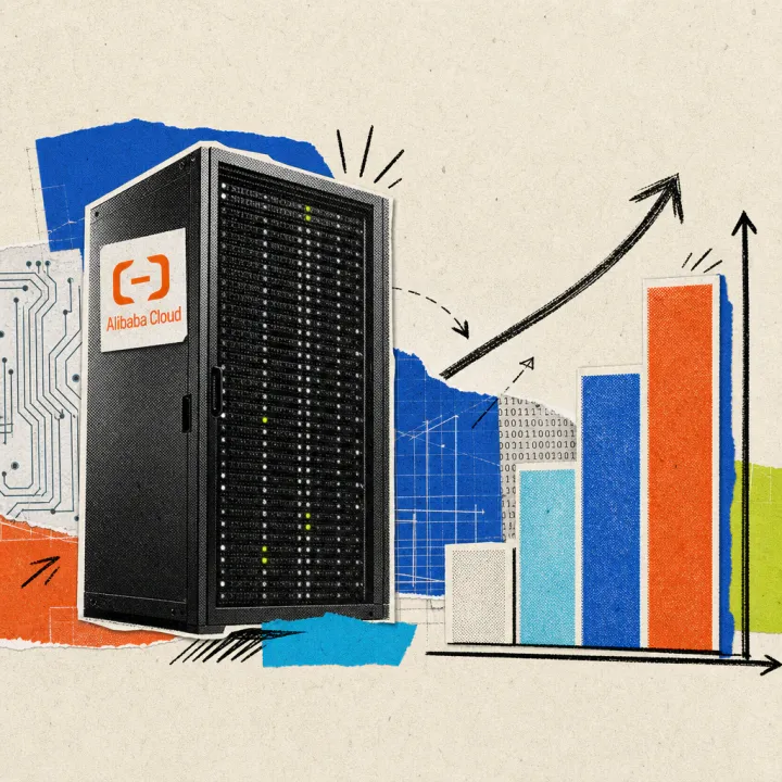 A server tower with an attached Alibaba Cloud logo, from which only a handful of bright points shine out of its huge grid of thousands of small light points, next to an upward-pointing bar chart
