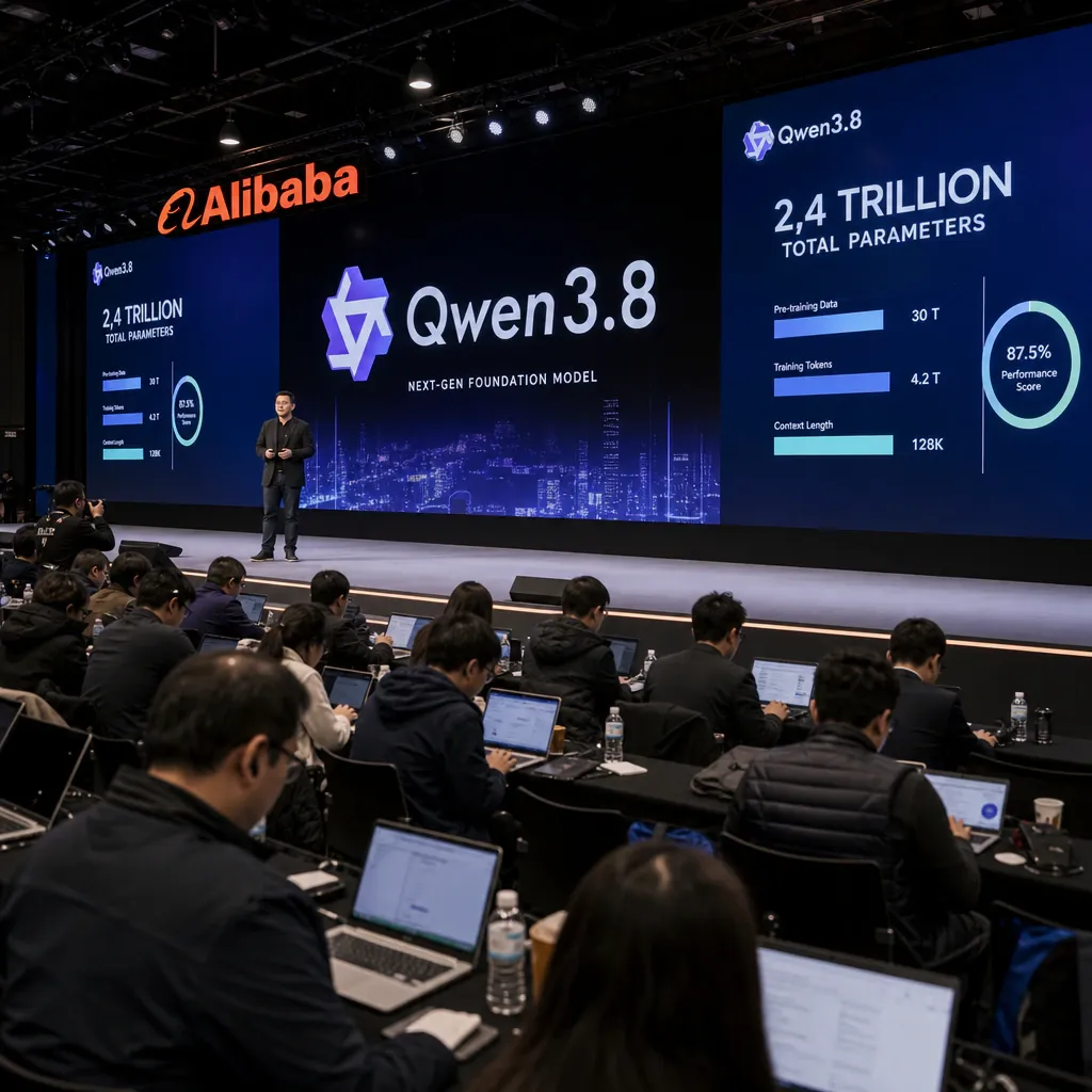 Screens at an Alibaba Cloud presentation show the new AI model Qwen3.8 and the number 2.4 trillion parameters, with the Alibaba logo in the background