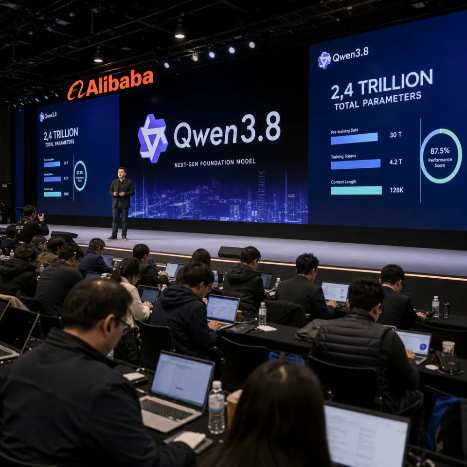 Bildschirme auf einer Alibaba-Cloud-Präsentation zeigen das neue KI-Modell Qwen3.8 und die Zahl 2,4 Billionen Parameter, im Hintergrund das Alibaba-Logo