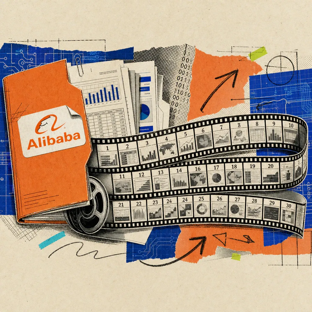 Ein Alibaba-Logo-Sticker klebt auf einem aufgeklappten Aktenordner, aus dem sich ein Filmstreifen mit kleinen durchnummerierten Bildkadern zwischen Tabellen- und Folienausschnitten entrollt