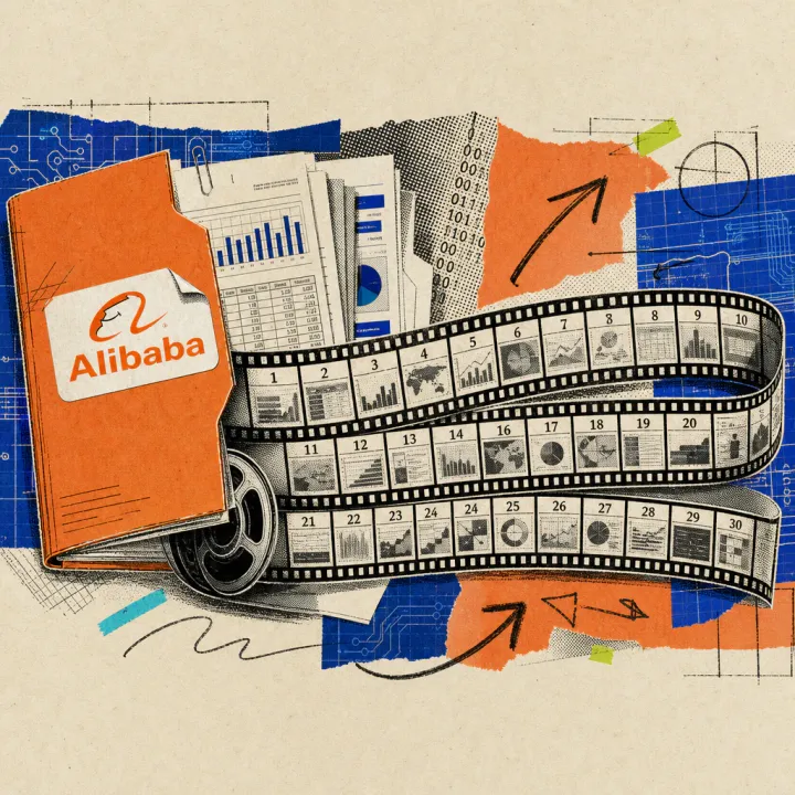 Ein Alibaba-Logo-Sticker klebt auf einem aufgeklappten Aktenordner, aus dem sich ein Filmstreifen mit kleinen durchnummerierten Bildkadern zwischen Tabellen- und Folienausschnitten entrollt