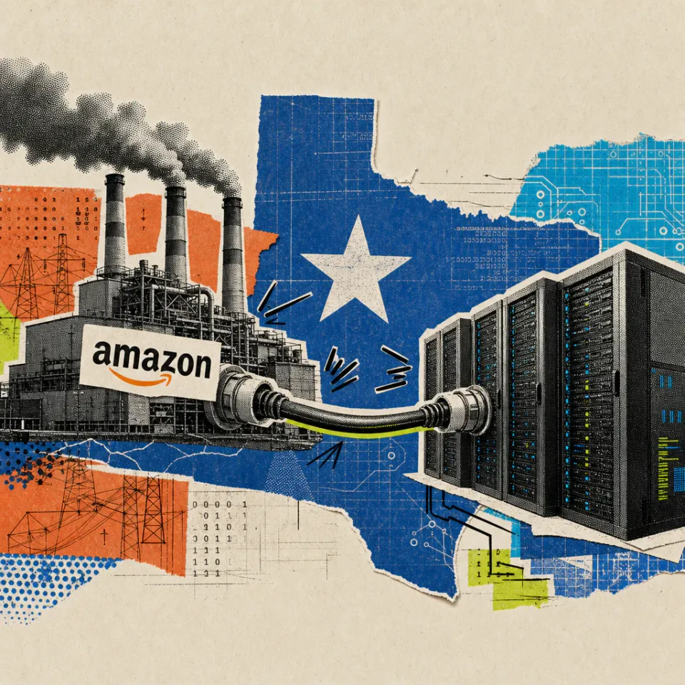 Ein Gaskraftwerk mit rauchenden Schornsteinen und Amazon-Logo ist über ein dickes Stromkabel direkt mit einem Rechenzentrum voller Servertürme verbunden, dazwischen der blaue Umriss von Texas mit weißem Stern.