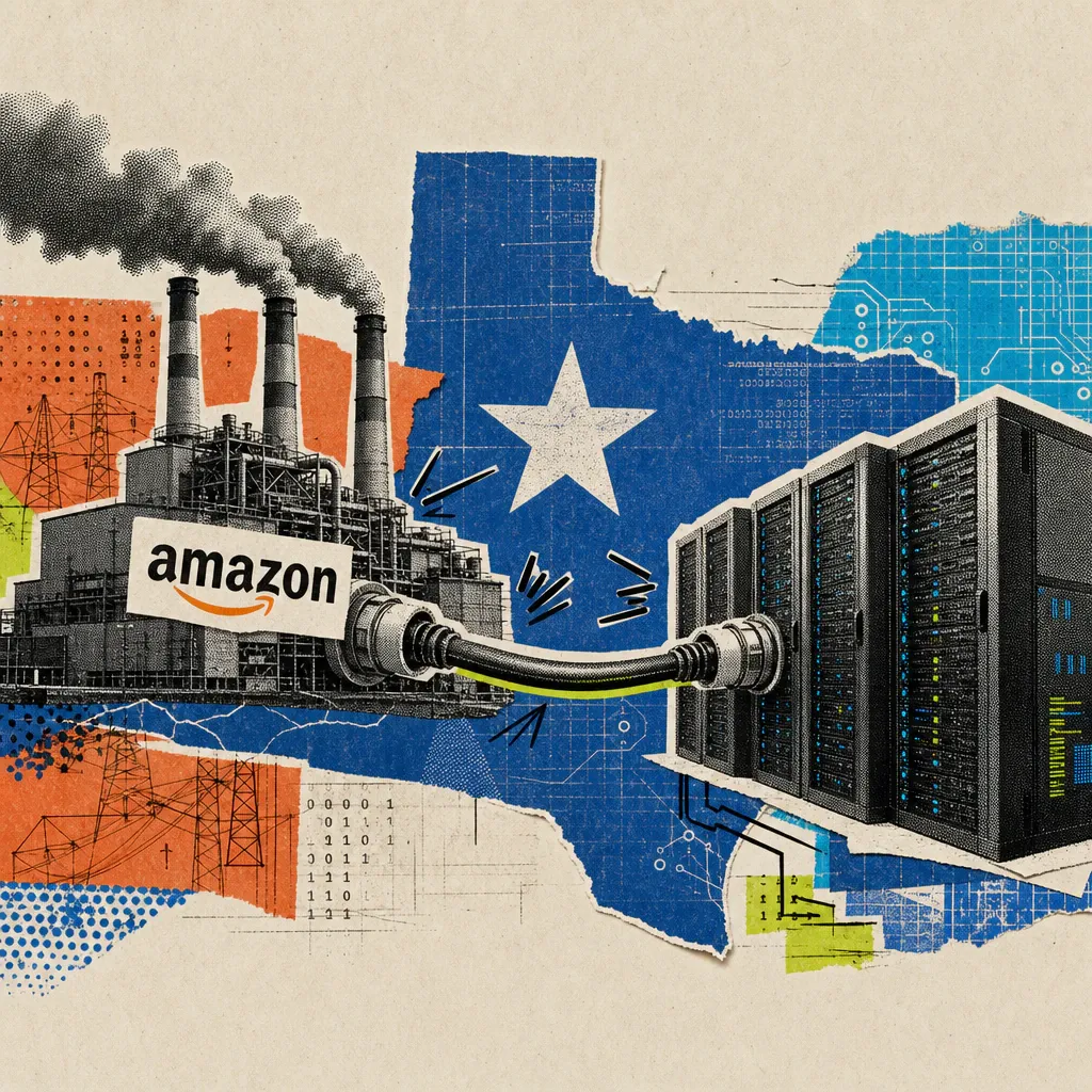Ein Gaskraftwerk mit rauchenden Schornsteinen und Amazon-Logo ist über ein dickes Stromkabel direkt mit einem Rechenzentrum voller Servertürme verbunden, dazwischen der blaue Umriss von Texas mit weißem Stern.