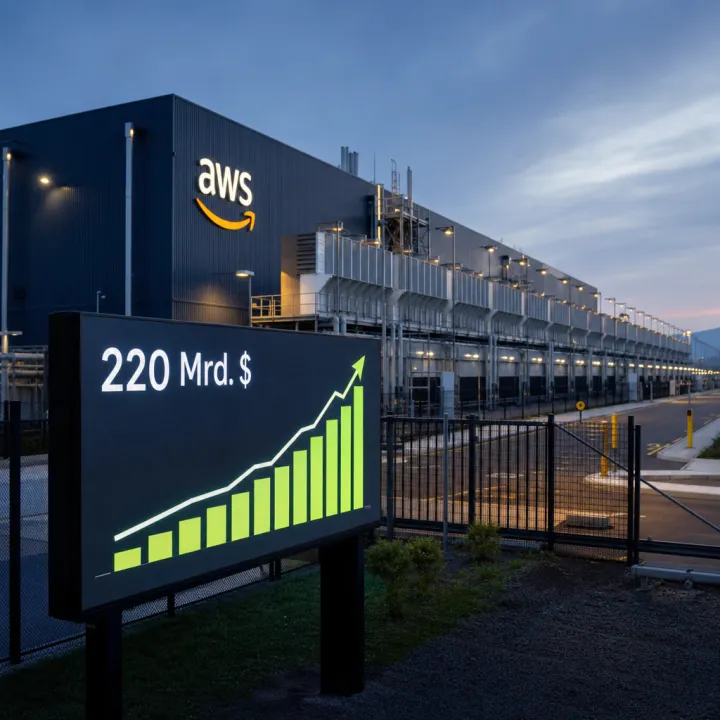 An Amazon data center with long rows of servers and a visible AWS logo, with a display in the foreground showing a rising bar chart labeled 220 billion dollars.