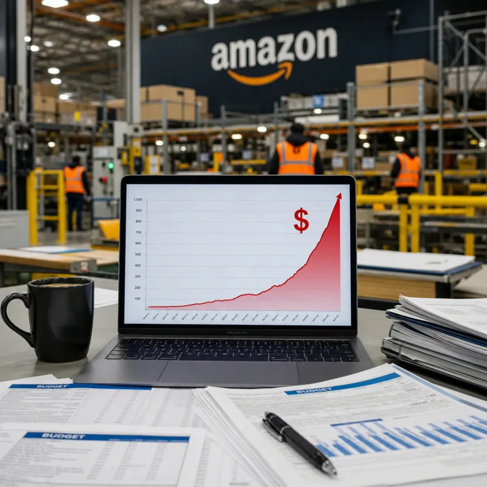 Ein stark ansteigendes Kostendiagramm auf einem Bildschirm vor einem Amazon-Logistikzentrum symbolisiert die Budgetüberschreitungen bei Amazons KI-Projekten.