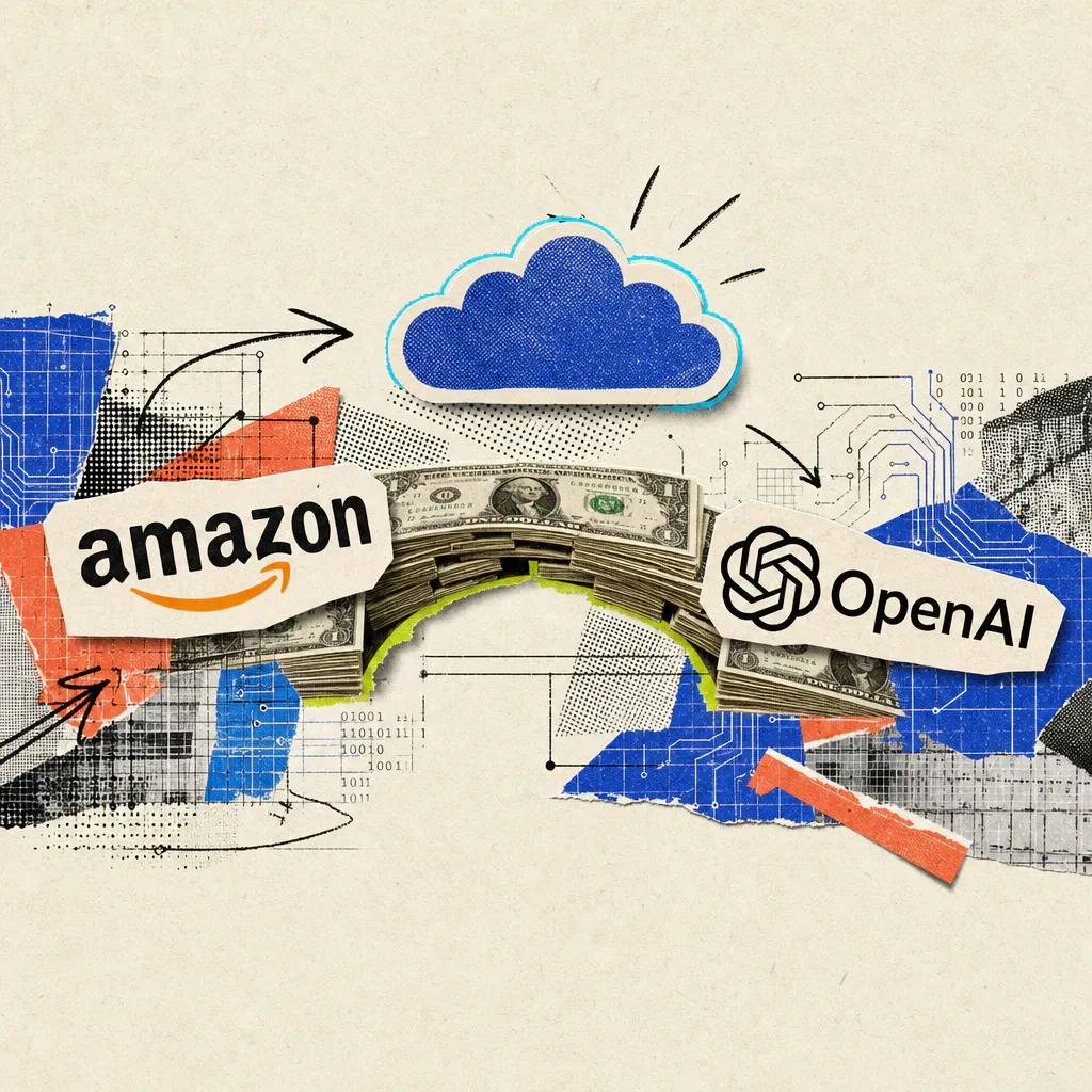 An Amazon logo sticker and an OpenAI logo sticker are connected by a bridge made of stacked dollar bills, with a stylized cloud floating above.