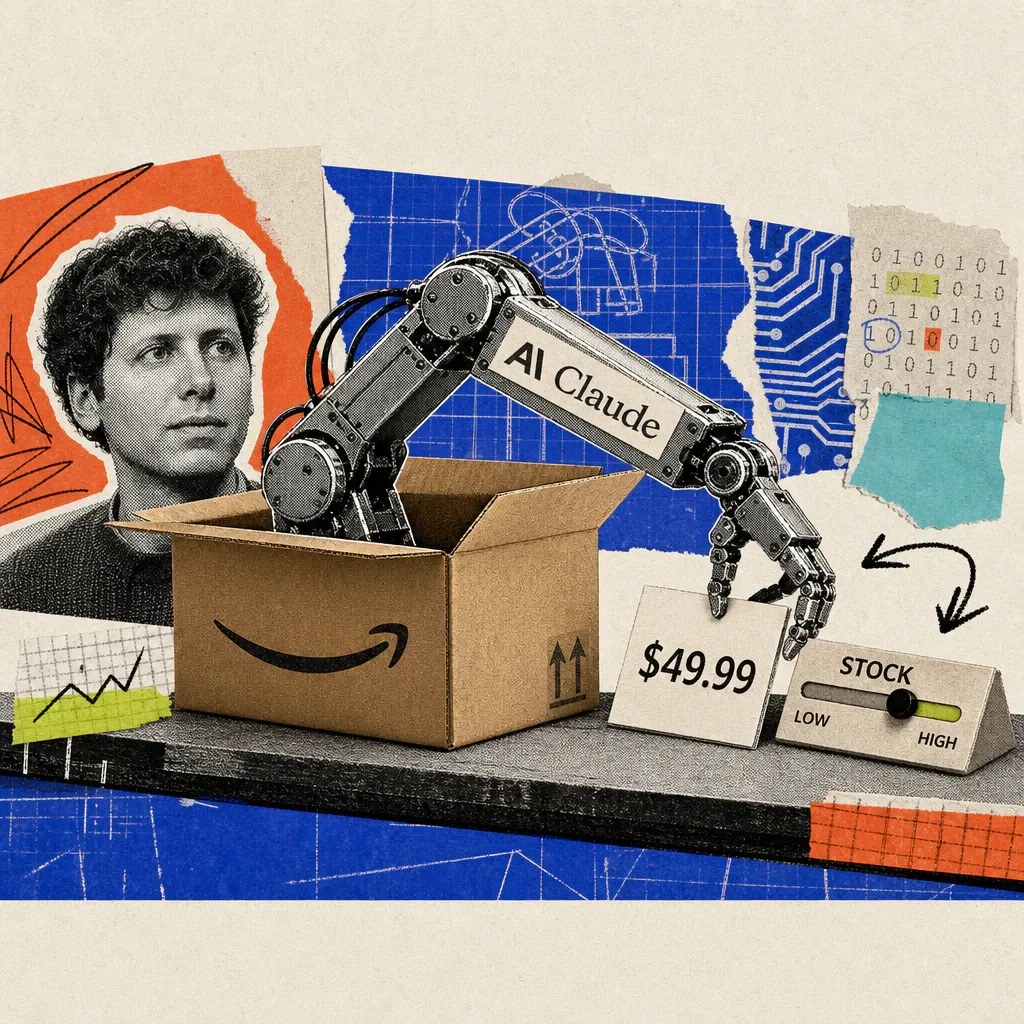 Ein Roboterarm mit Anthropic-Claude-Logo-Aufkleber greift aus einem geöffneten Amazon-Versandkarton und verschiebt ein Preisschild neben einem Lagerbestand-Regler.