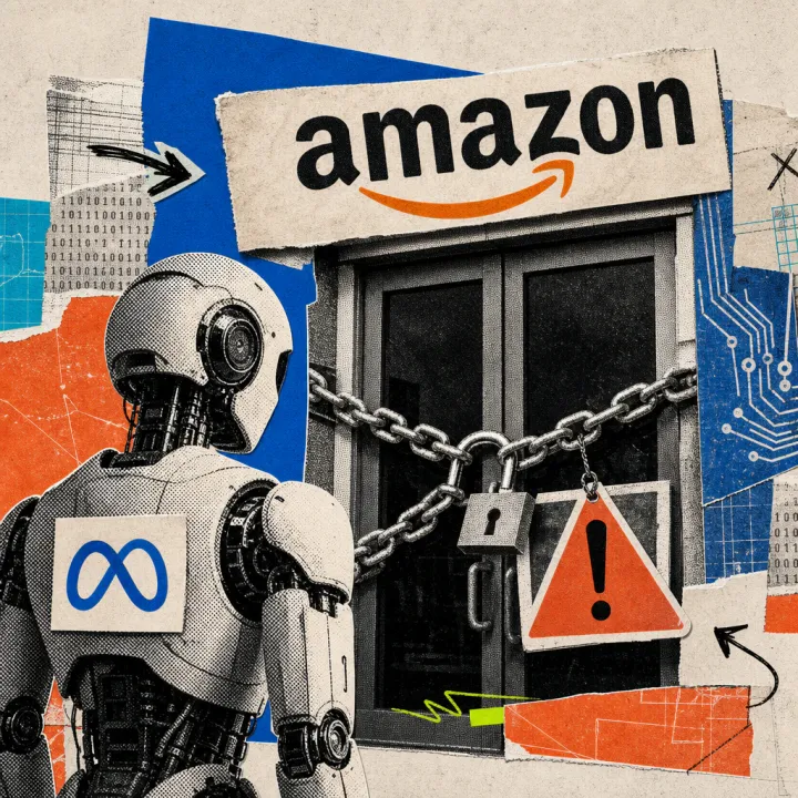 A robot with a Meta logo stands in front of a shop door bearing the Amazon logo, chained shut with a padlock.