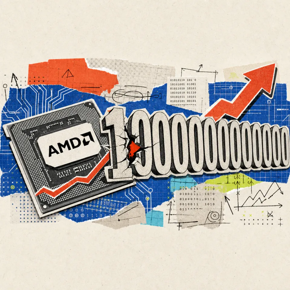 Ein Mikrochip mit AMD-Logo-Sticker, aus dem ein roter Börsenkurs-Pfeil durch eine große Ziffer mit zwölf Nullen nach oben schießt