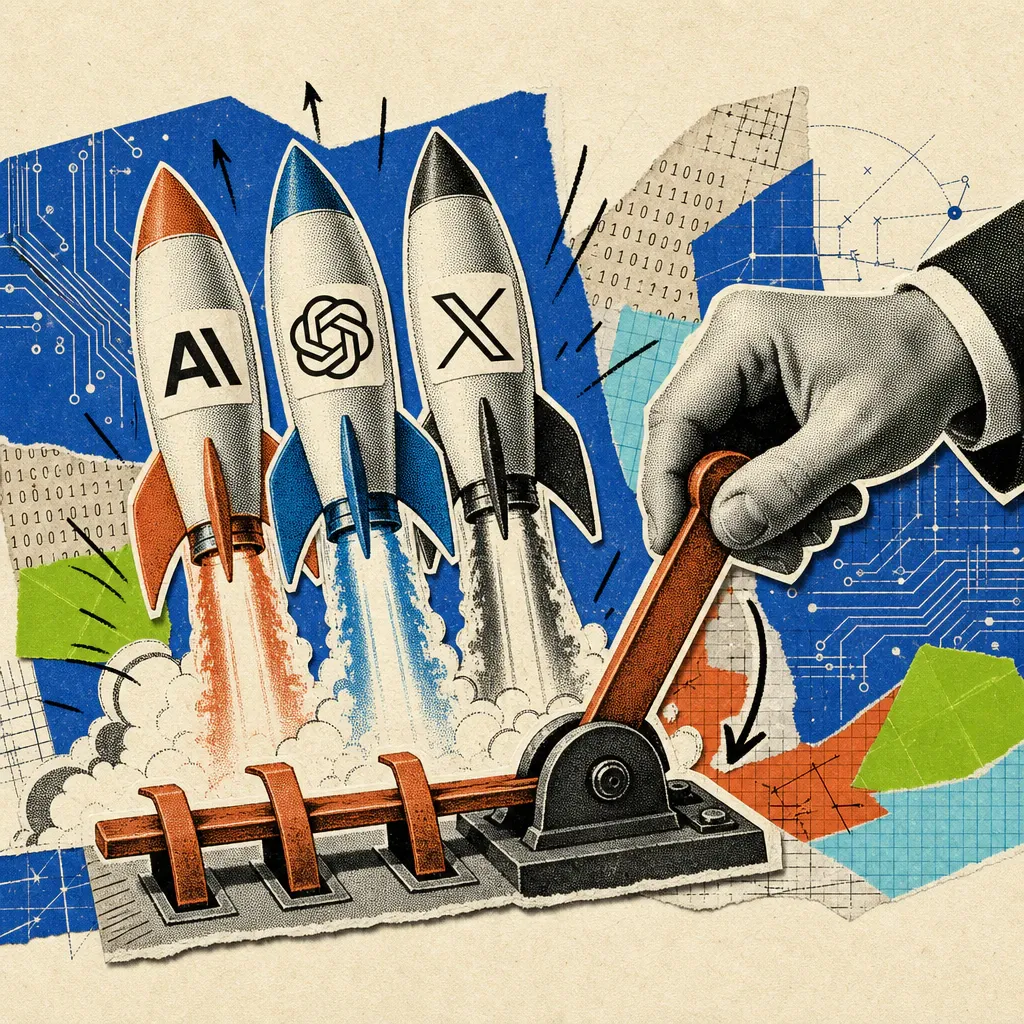 Three toy rockets with the logos of Anthropic, OpenAI, and X race steeply upward side by side, a large hand pulls on a common brake lever.