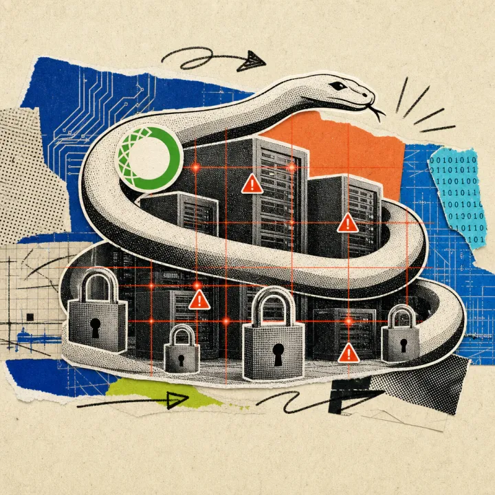 An Anaconda logo sticker wraps around a server network with padlocks, while a red scan grid marks individual nodes with warning symbols.