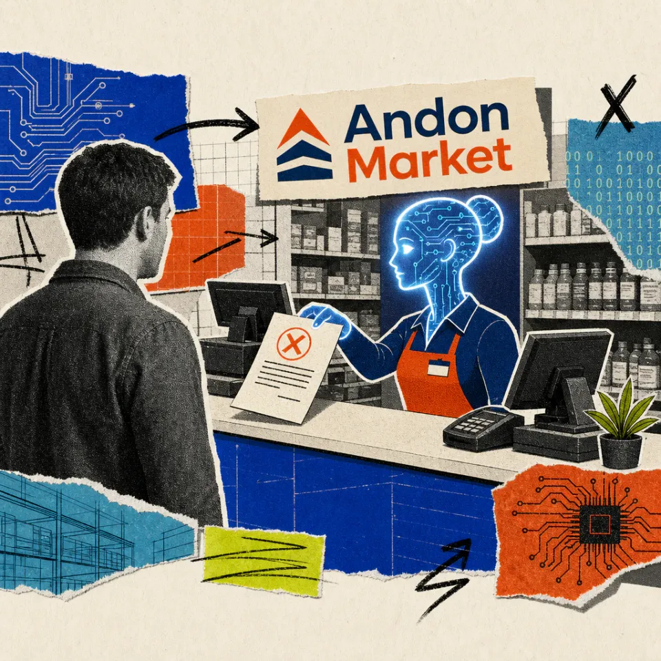 Ein leuchtender digitaler KI-Kopf hinter der Ladentheke des Andon Market übergibt einem Angestellten ein Kündigungsschreiben.