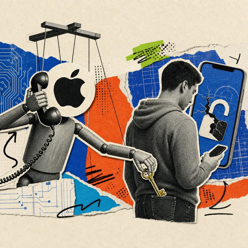 Eine Marionette mit einem Apple-Logo-Sticker als Gesicht hält einen Telefonhörer ans Ohr und zieht einem Handynutzer einen goldenen Schlüssel aus der Tasche, im Hintergrund liegt ein iPhone mit aufgebrochenem Vorhängeschloss-Symbol.