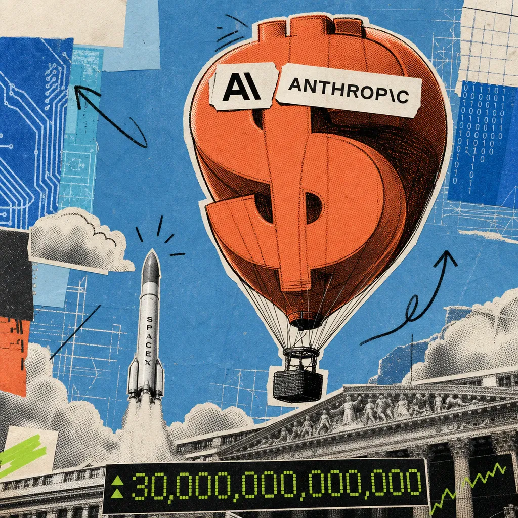An Anthropic logo sticker is affixed to a giant dollar-sign hot air balloon rising high above a small SpaceX rocket, with a stock ticker board reading $30 trillion in the background.