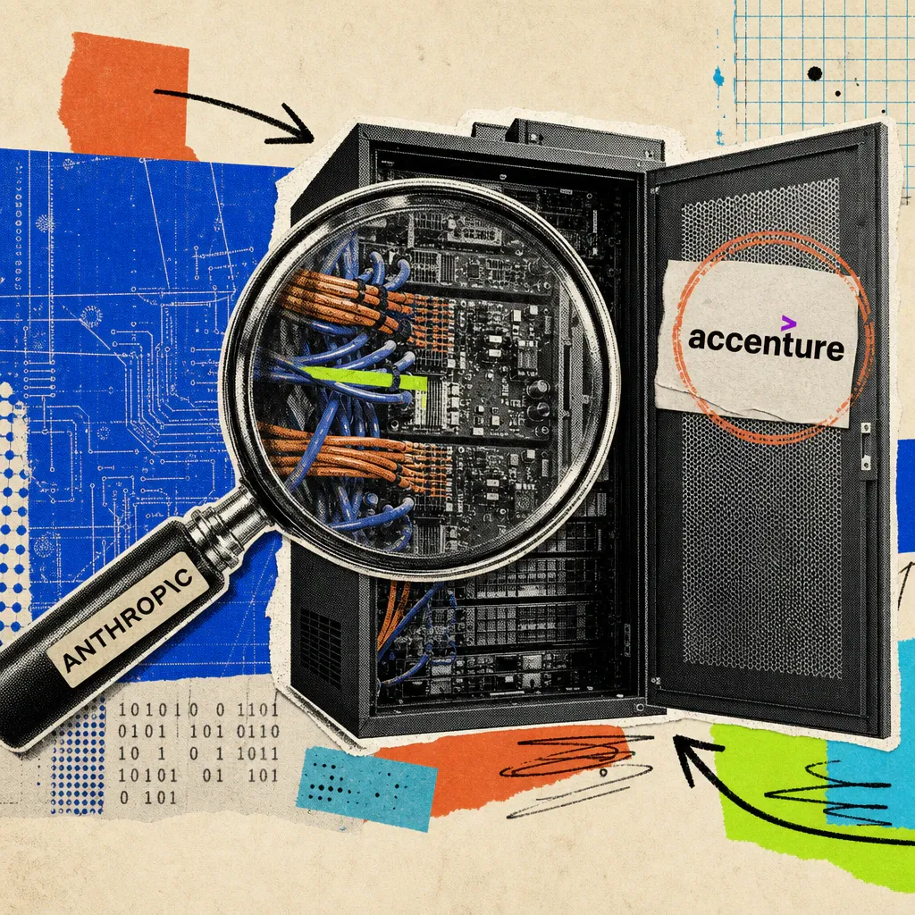 Eine Lupe mit dem Anthropic-Logo schwebt über einem Serverschrank, auf dem ein Accenture-Logo-Aufkleber wie ein Prüfsiegel klebt.