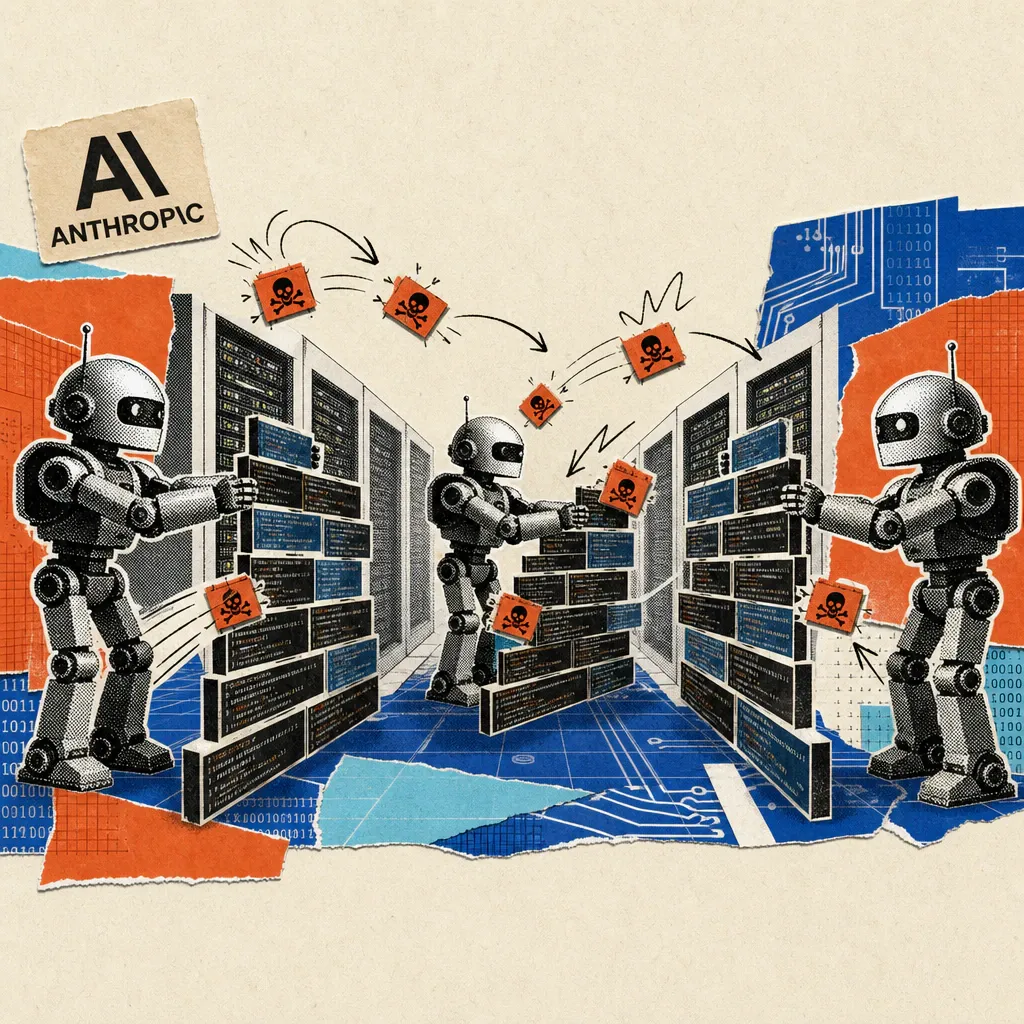 Three identical robot silhouettes build barricades of code-line panels against each other in a server-room corridor, small skull icons for malware fly between them, an Anthropic logo sticker sits in the corner
