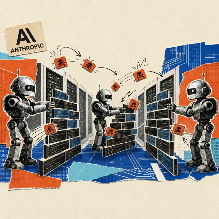 Three identical robot silhouettes build barricades of code-line panels against each other in a server-room corridor, small skull icons for malware fly between them, an Anthropic logo sticker sits in the corner