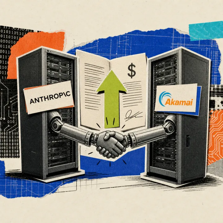 Two server racks bearing Anthropic and Akamai logo stickers shake hands, with a contract document showing dollar signs and a green upward arrow in the background.