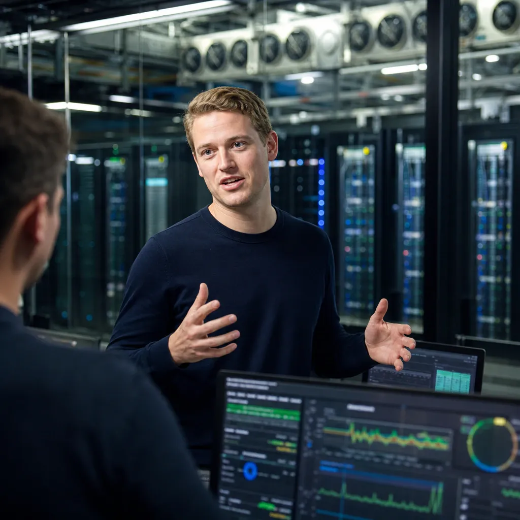 Symbolic photo of a data center control room with server rows and monitors showing computing capacity, illustrating Tom Blomfield's move to Anthropic's compute team