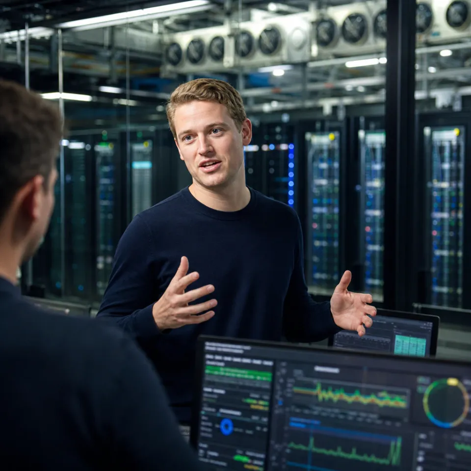 Symbolic photo of a data center control room with server rows and monitors showing computing capacity, illustrating Tom Blomfield's move to Anthropic's compute team