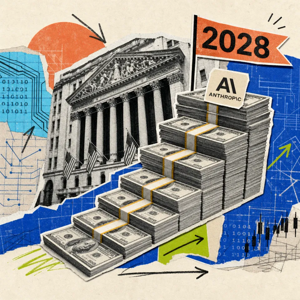 Eine Treppe aus Geldscheinstapeln steigt zu einem Banner mit der Jahreszahl 2028, oben klebt ein Anthropic-Logo-Sticker vor der Kulisse der New Yorker Börse.
