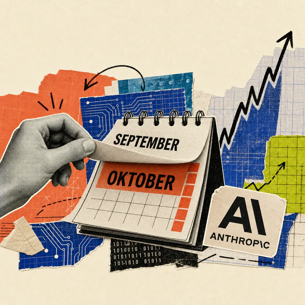 A calendar page is turned from September to October, next to it is an Anthropic logo sticker in front of a rising stock market chart.