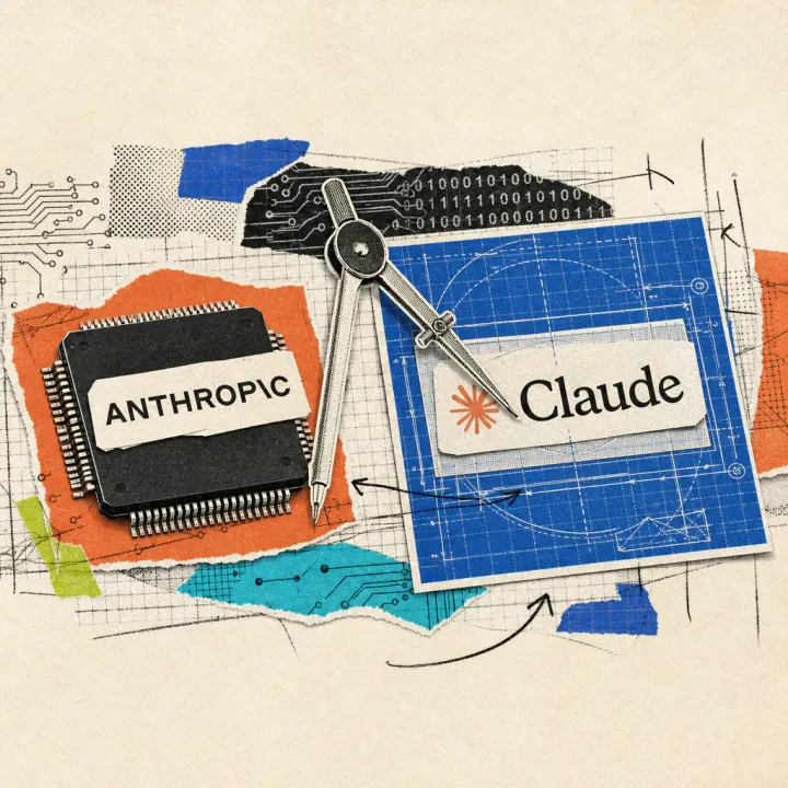 A microchip with an Anthropic logo sticker lies next to a blueprint with the Claude inscription, connected by a compass.