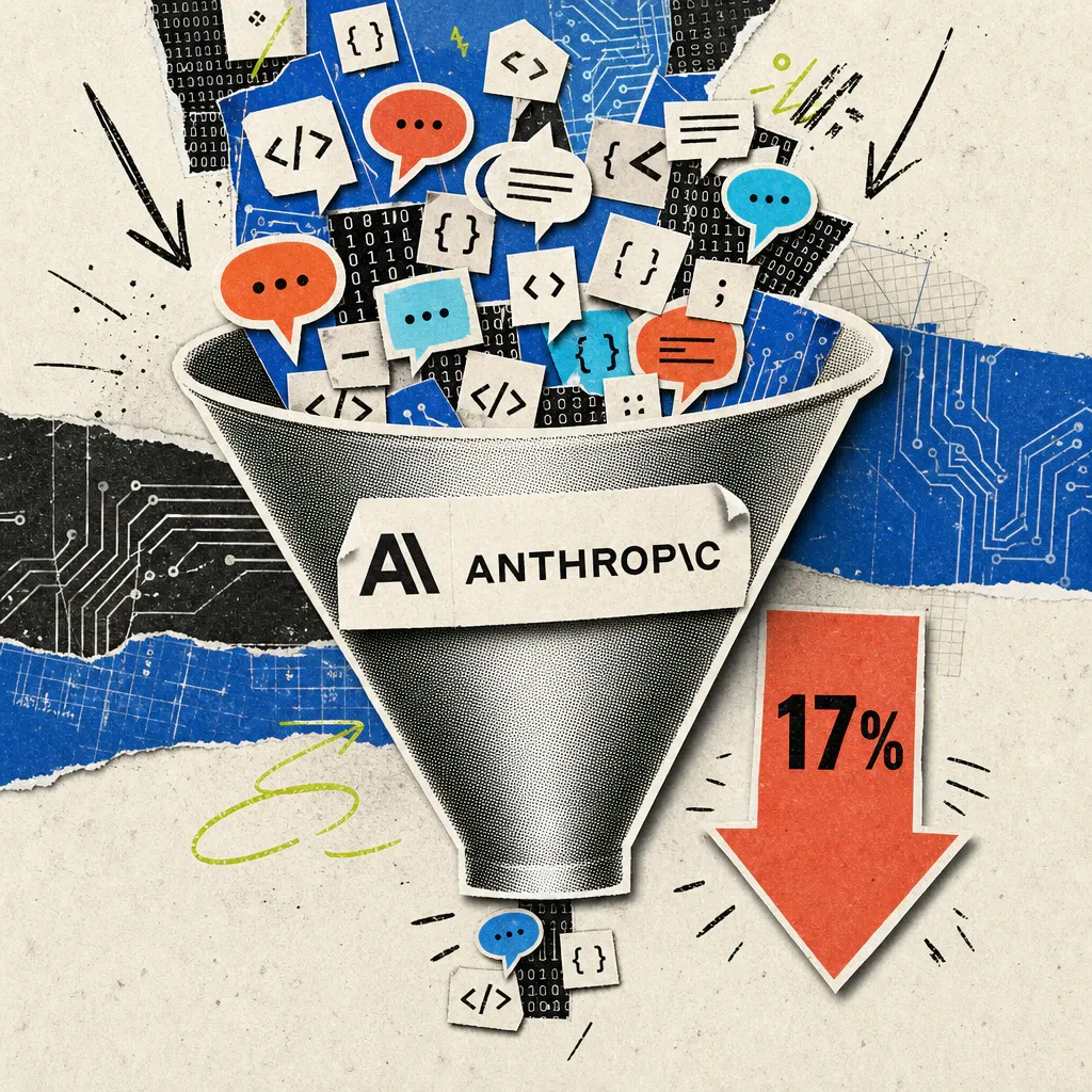 Das Anthropic-Logo klebt auf einem Trichter, durch den viele kleine Code-Symbole strömen; der Trichter wird nach unten enger, daneben zeigt ein roter Pfeil mit der Zahl 17 Prozent nach unten.