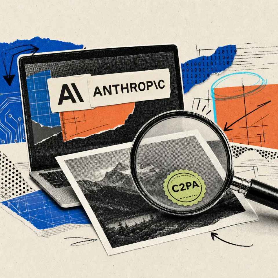 A magnifying glass hovers over a printed photo, revealing a round seal reading C2PA underneath; in the background, a laptop screen carries an Anthropic logo sticker.