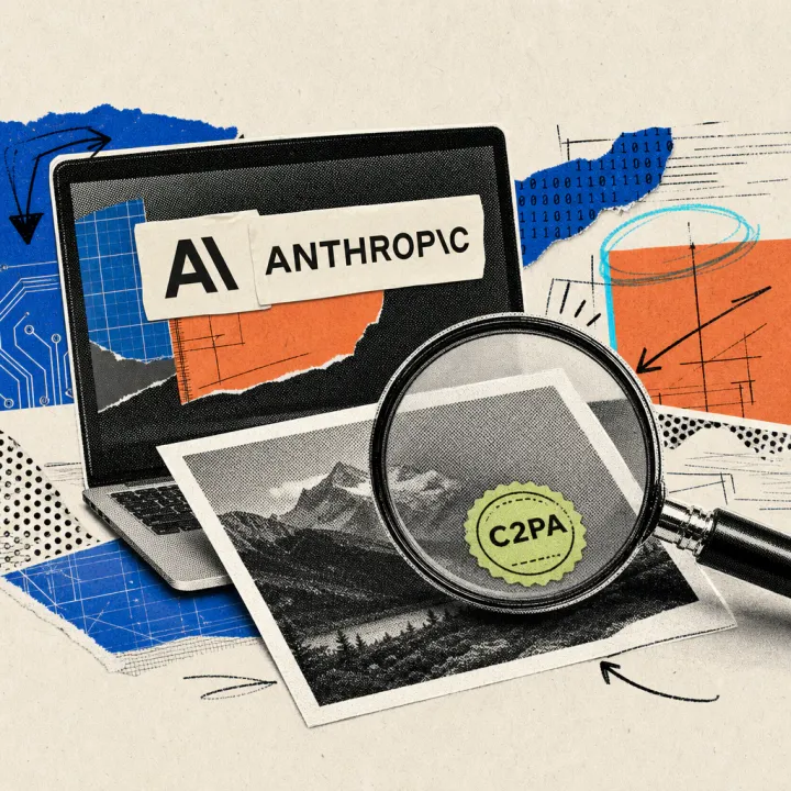 A magnifying glass hovers over a printed photo, revealing a round seal reading C2PA underneath; in the background, a laptop screen carries an Anthropic logo sticker.