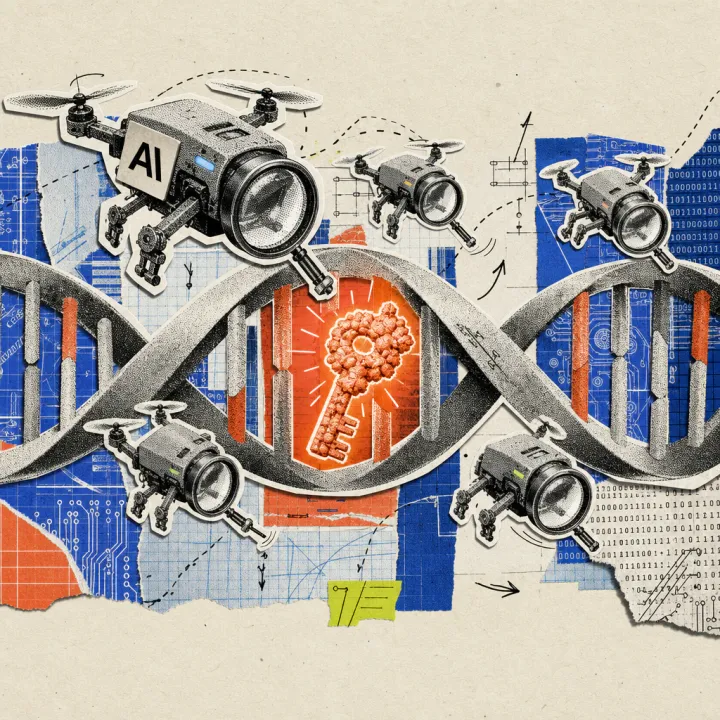 Small magnifying drones with the Anthropic logo search an oversized DNA strand and discover a glowing, key-shaped enzyme within it.