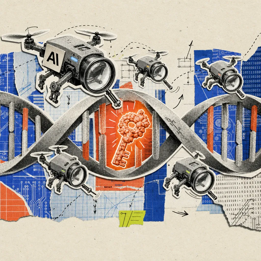 Kleine Lupen-Drohnen mit Anthropic-Logo durchsuchen einen überdimensionalen DNA-Strang und entdecken darin ein leuchtendes, schlüsselförmiges Enzym.