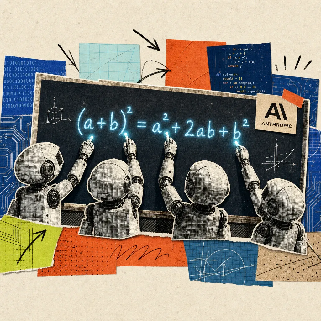 Several robotic hands collaboratively write a mathematical equation with exponents on a blackboard, with lines of code floating in the background, an Anthropic logo stuck to the edge of the blackboard.