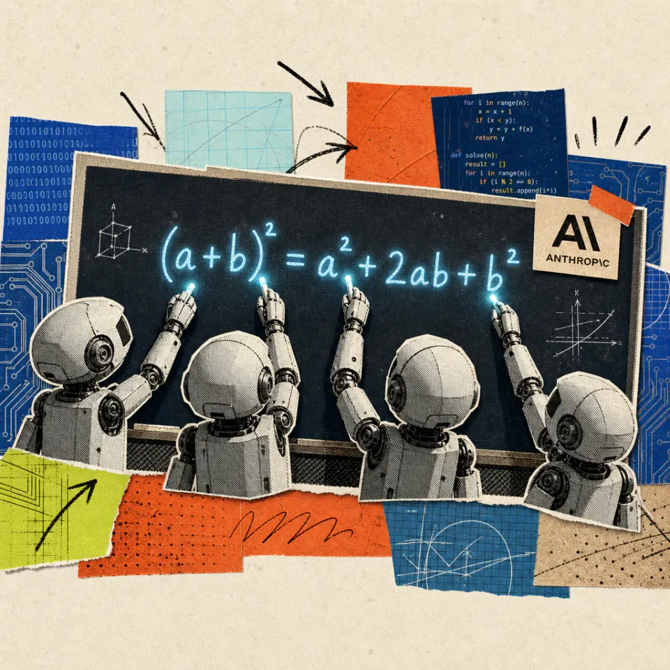 Several robotic hands collaboratively write a mathematical equation with exponents on a blackboard, with lines of code floating in the background, an Anthropic logo stuck to the edge of the blackboard.