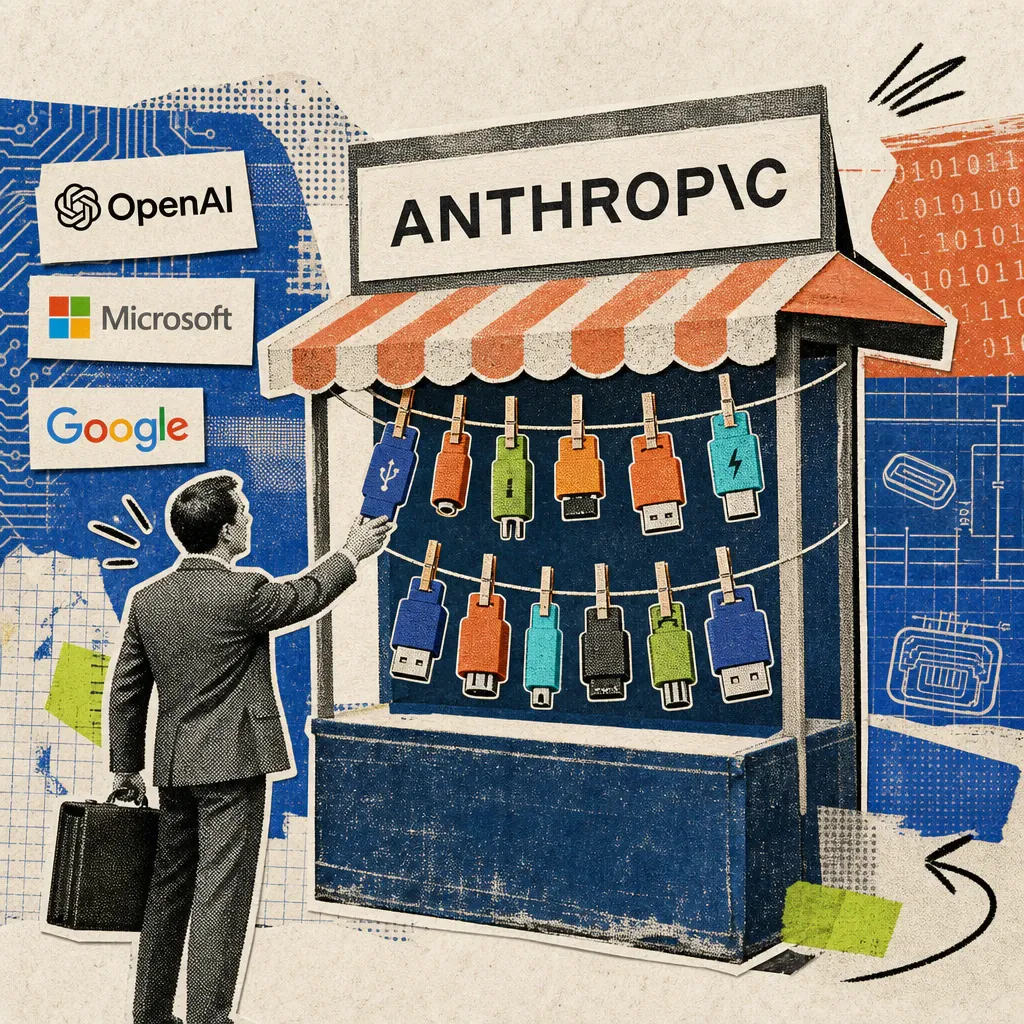 A market stall with the Anthropic logo, where colorful connector symbols hang instead of goods; a figure with a briefcase takes one of the connectors from the stall.