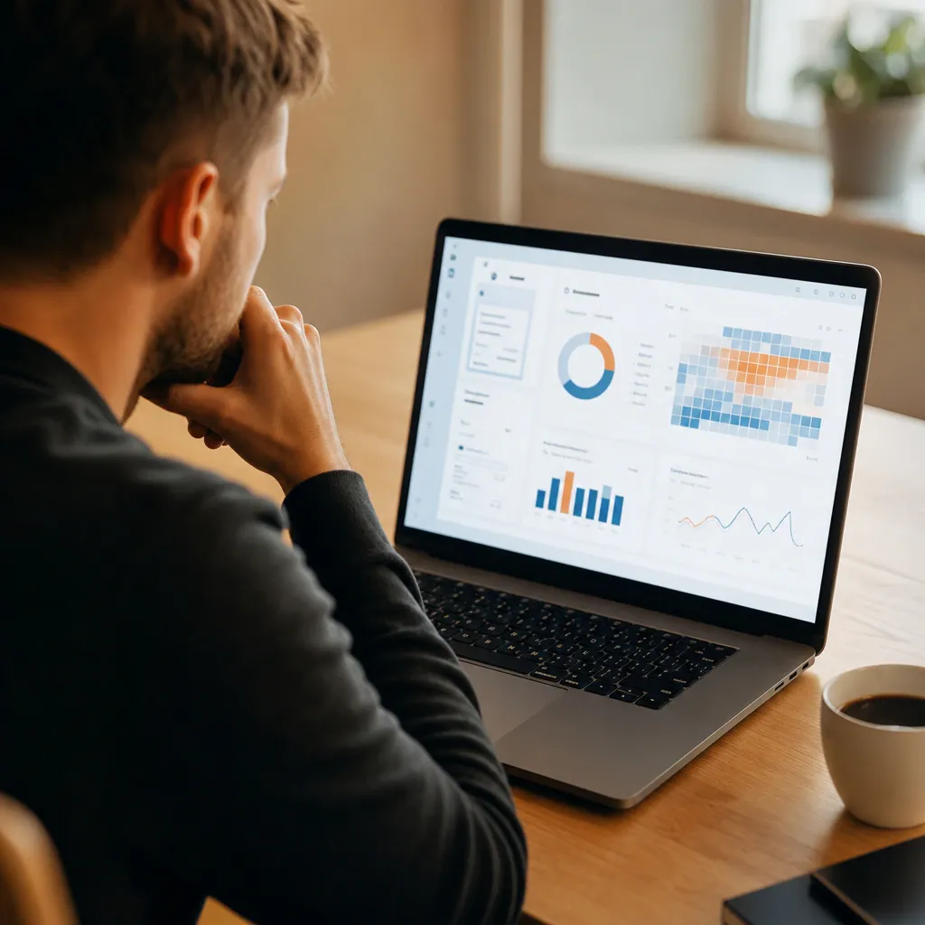 Editorial illustration of a person at a desk viewing an abstract usage-analytics dashboard with charts and a calendar heatmap on a laptop screen.