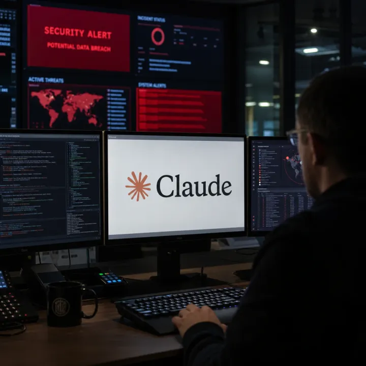 Monitors in a security operations center display alerts and code related to the security incidents involving Anthropic's Claude models.