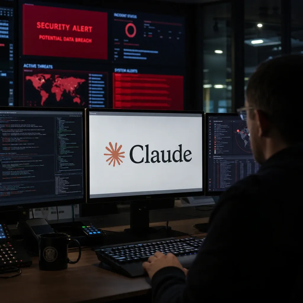 Monitore in einem Security Operations Center zeigen Warnmeldungen und Code im Zusammenhang mit den Sicherheitsvorfällen von Anthropics Claude-Modellen.