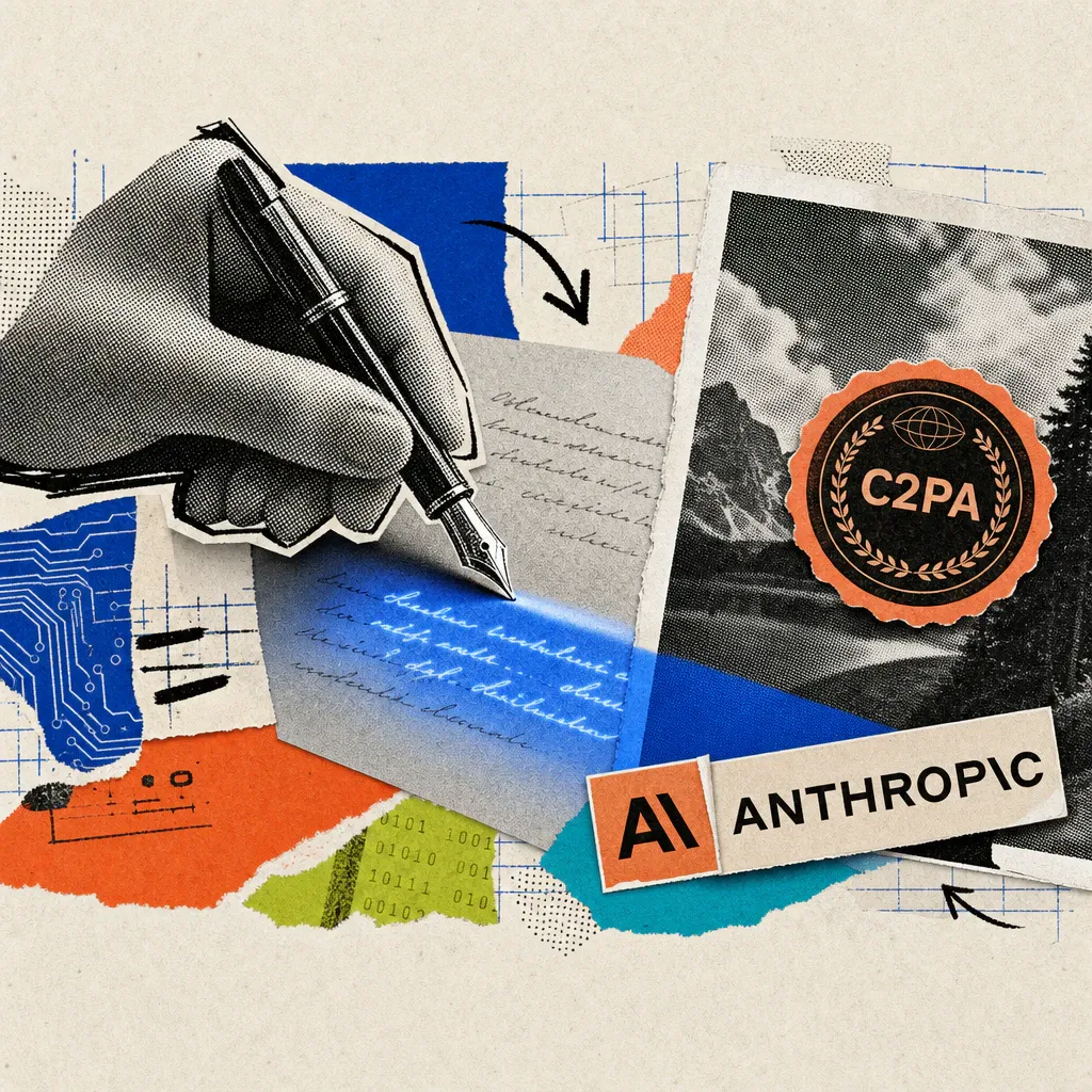 A quill writes text whose ink only becomes visible under a blue light band; next to it a round seal reading C2PA is stuck onto a photo, with an Anthropic logo sticker in the background.